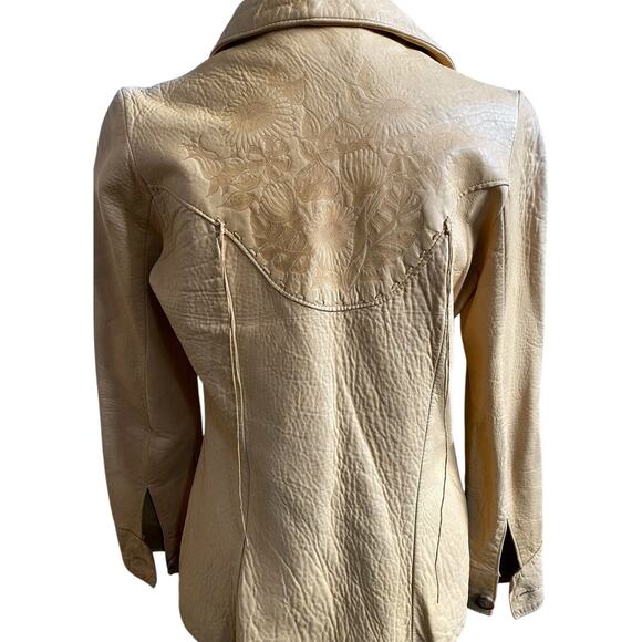 Vtg Santa Fe Leather floral embossed Shirt jacket womens S tan western boho USA - Picture 6 of 16